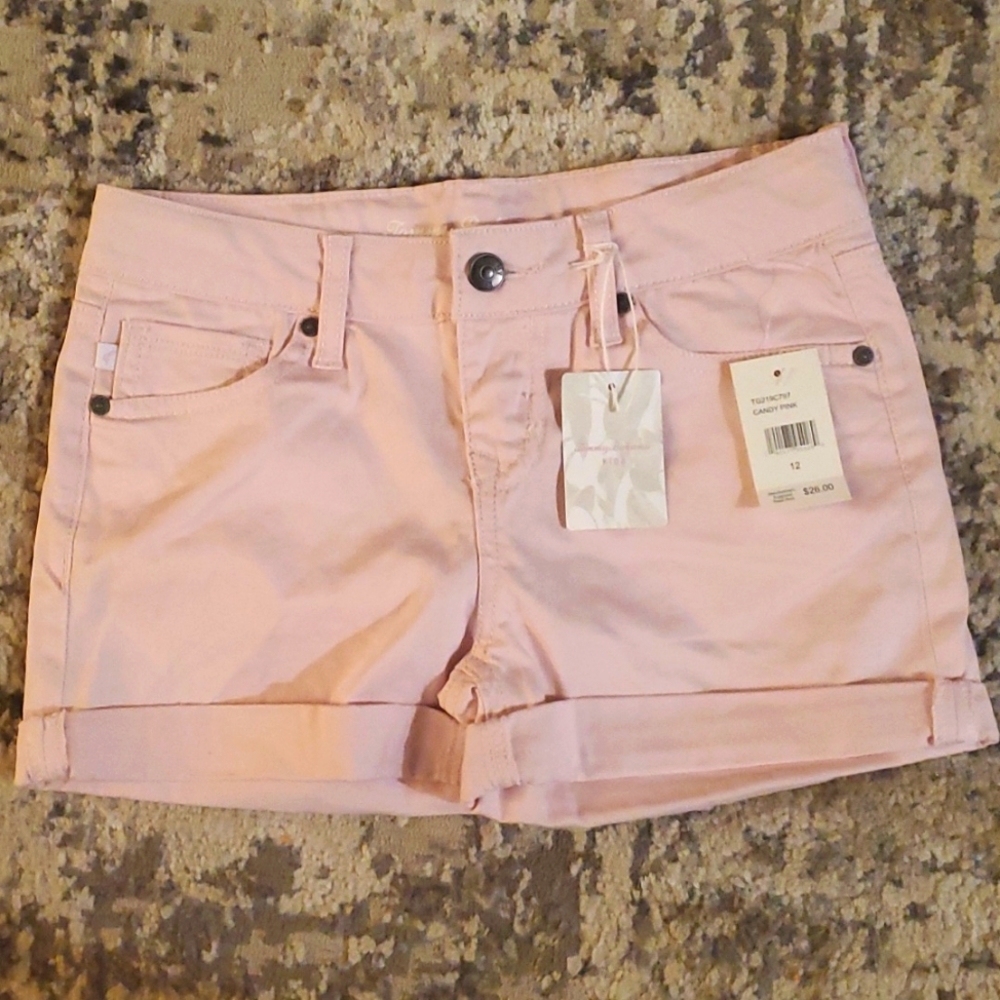 Tommy Bahama kids Girls 12 cuff shorts light pink adjustable band with buttons